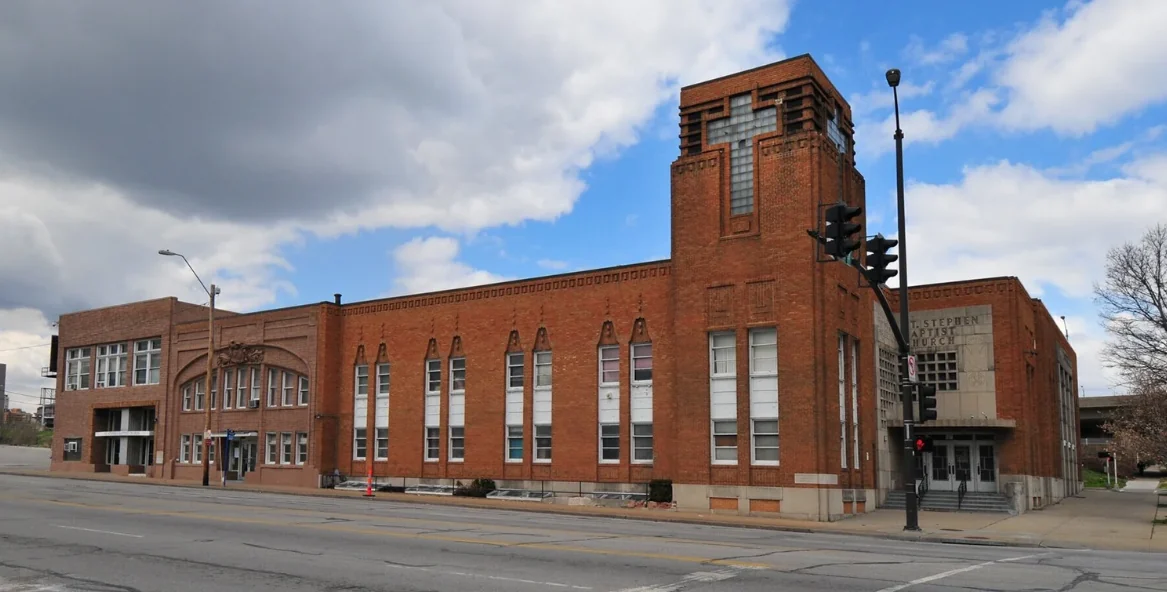 St. Stephen’s brick church building and tower on East Truman Road